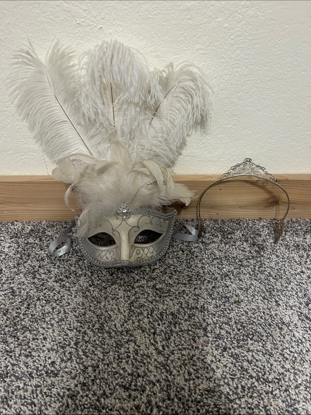 Silver Feathered Masquerade Mask with Tiara